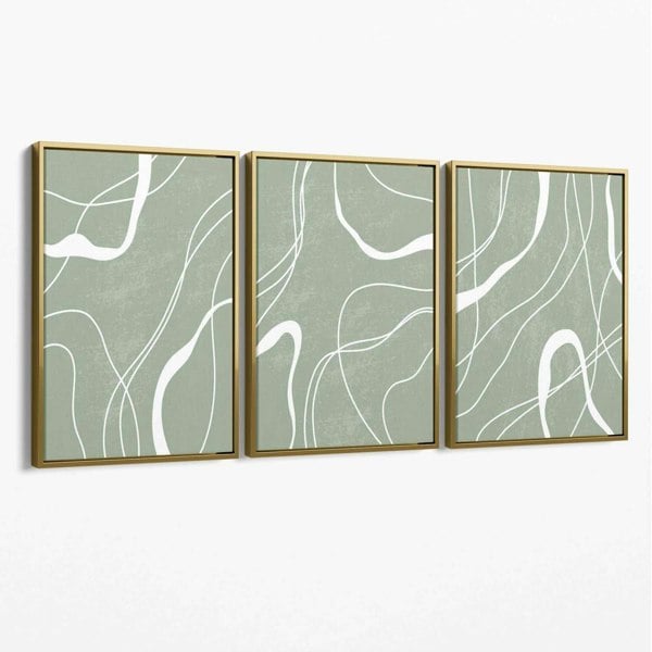 Set of 3 Abstract Green and White Strokes Canvas Art Prints with Gold Float Frame