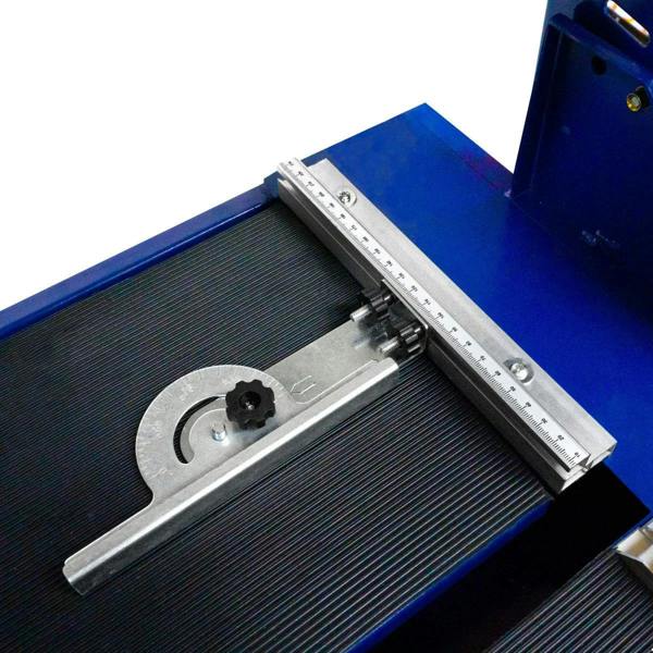 Wet tile cutter bench with a 720mm cutting surface, featuring a metal guide rail and textured black cutting bed for stability
