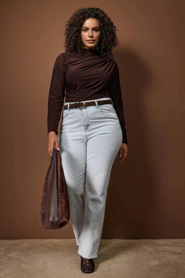 WOVCOR Gathered Detail Long Sleeve Knitted Plus Size Blouse