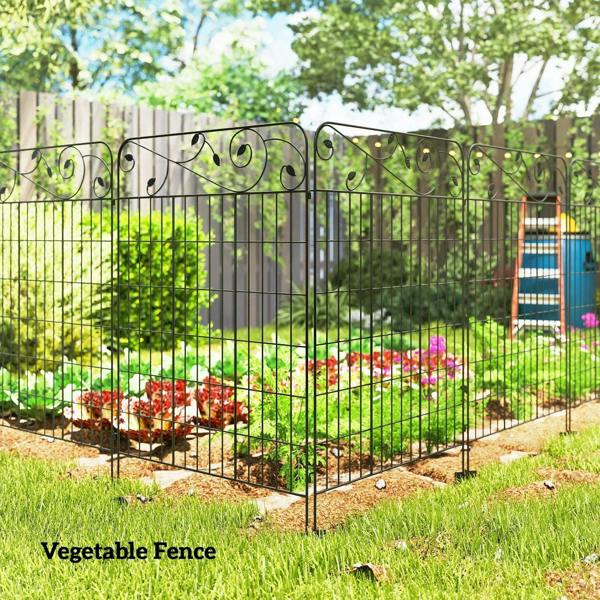 Black metal landscape border fence with decorative scroll top and staked grid panels
