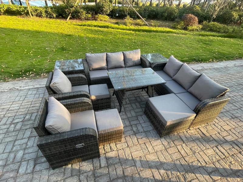 Fimous 11 Seater Outdoor Sofa Set, Rattan, Patio Table, 3 Seater Sofa, Dining Table, 3 Footstools and 2 Side Tables, Dark Grey Mixed