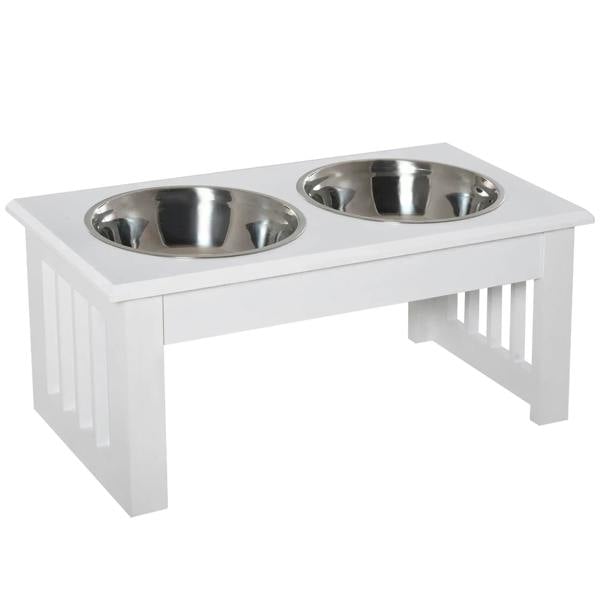White raised pet feeding stand with two stainless steel bowls