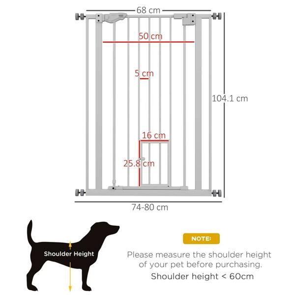 White pet gate frame with vertical bars; adjustable width 74–80 cm