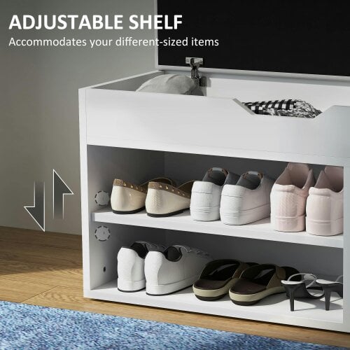 Wyld Haus Zima Wooden White Shoe Storage Bench With Hidden Compartment And Grey Padded Seat
