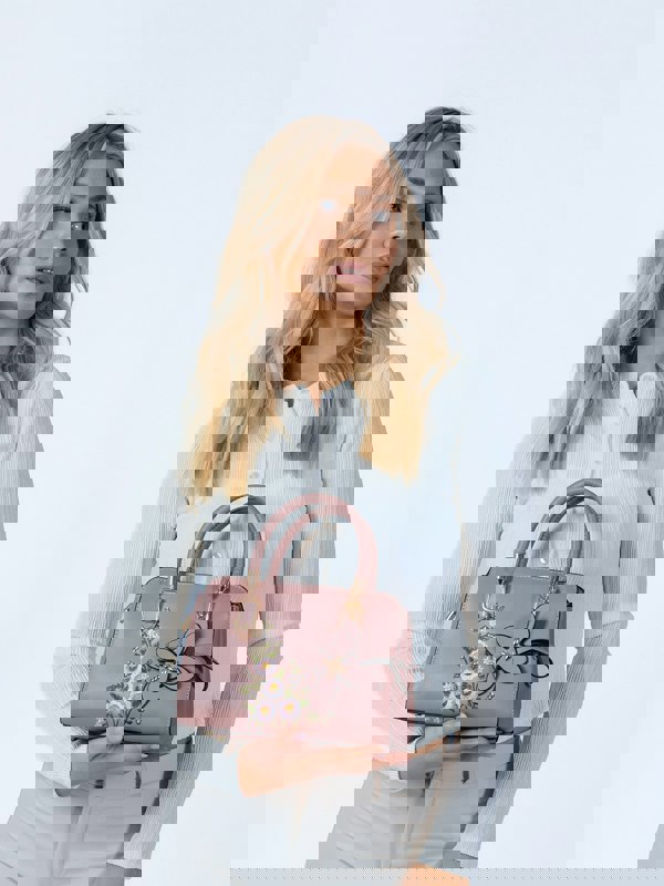 SVNX Embroidered Floral Rounded Grab Bag in Pink