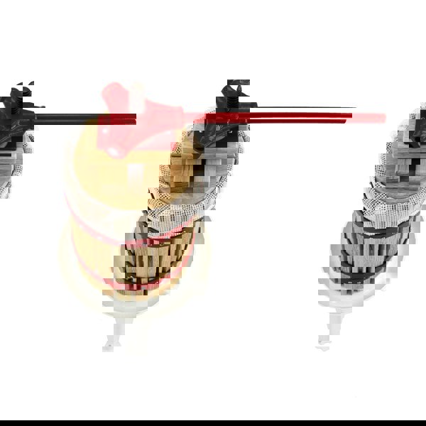 KuKoo 12 litre fruit press with a wooden barrel, red metal handle, and mesh strainer for juicing fruits efficiently