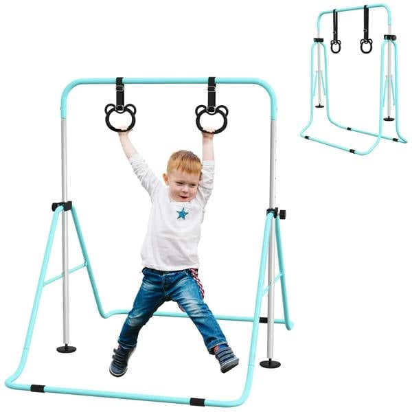 Adjustable foldable kids gymnastics bar with non-slip floor rings, green frame