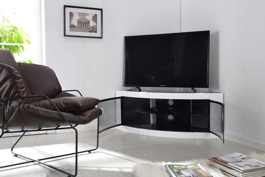 Homeology PANGEA Gloss Black and White Beam-Thru Glass Doors Curved Unit Tru-Corner 32"-50" TV Cabinet