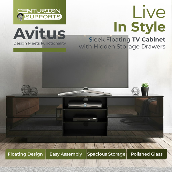 Centurion Supports AVITUS High Gloss Black with 4-Black Drawers for 32"-65" LED/OLED/LCD TV Cabinet - FULLY ASSEMBLED