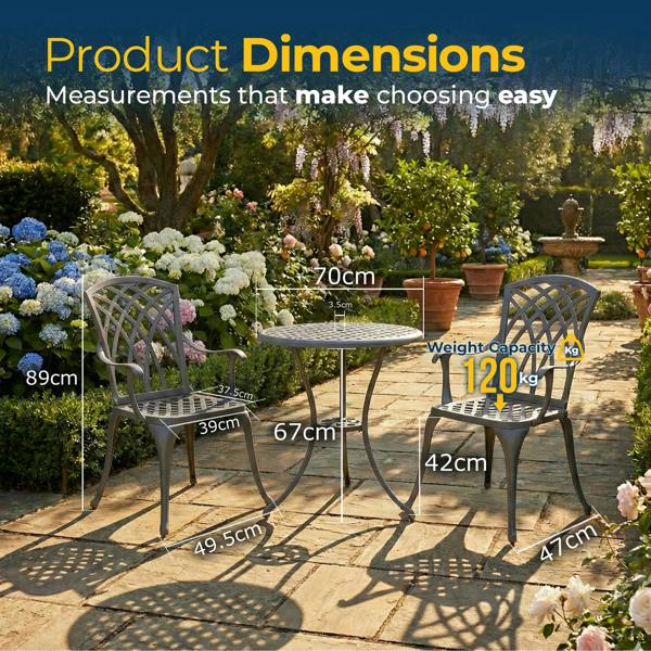 Homeology OSHOWA Grey Aluminium Weatherproof Outdoor Table and 2 Comfortable Chairs with Armrests Bistro Set
