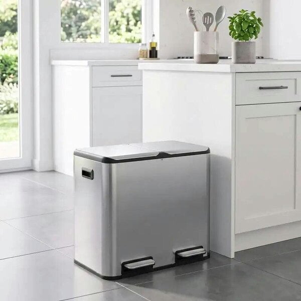 2 x 20L Double Kitchen Bin, Stainless Steel Pedal Rubbish Bin with Dual Compartments, Soft Close Lids, Silver Tone - Silver
