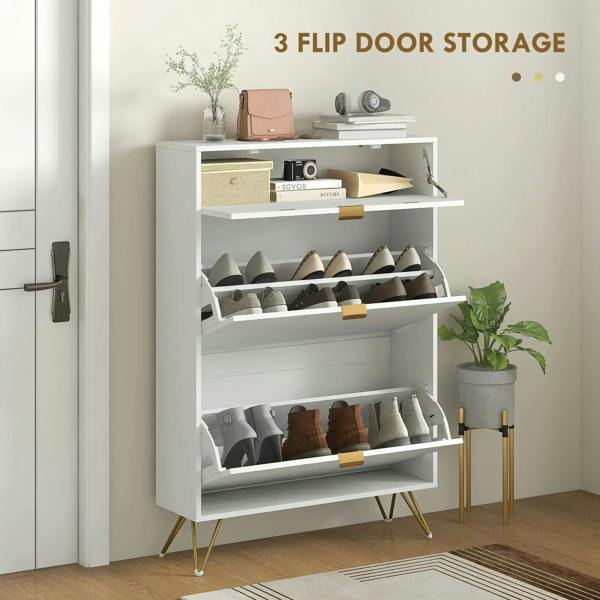 White narrow shoe cabinet with flip doors open, showing stacked shoe storage compartments