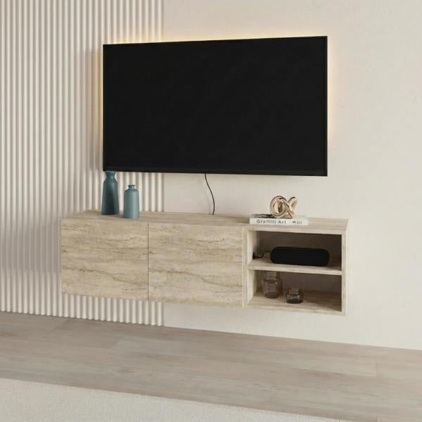 Decortie Modern Conrad TV Unit up to 50 Inch TVs 2 Soft Close Door Entertainment Centre 140cm Living Room Easy Assembly