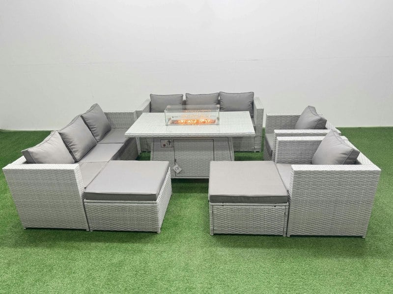 Fimous 10 Seat PE Rattan Lounge Sofa Set Outdoor Garden Furniture Set with Fire Pit Dining Table 3 Seater Sofa 2 Big Footstool Light Grey