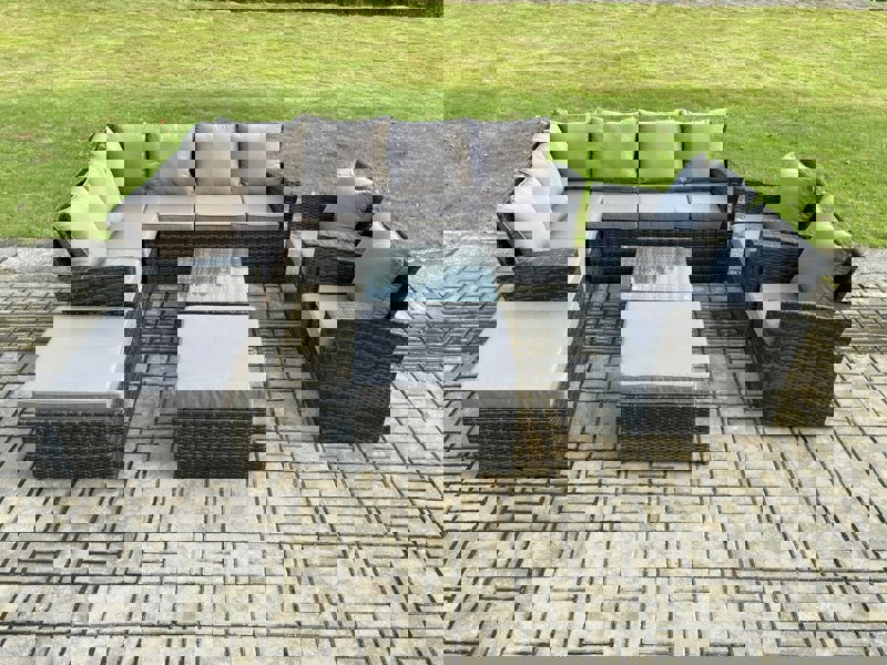 Fimous 10 Seat Rattan Garden Furniture Corner Sofa Set Outdoor Patio Sofa Table Set with 2 Big Footstool Dark Grey Mixed