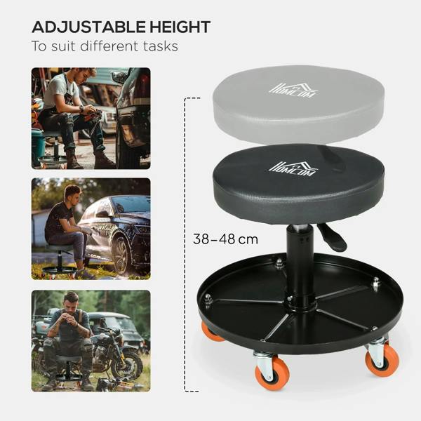 Black height-adjustable mechanic stool with padded seat and orange caster wheels