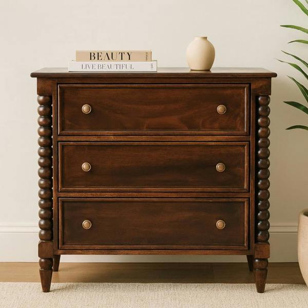 Artisan Furniture Solid Wood Spindle Winewood Chest, Brown,3 Drawers