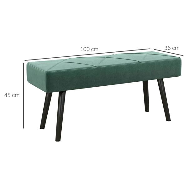 Green upholstered bench with black steel legs and rectangular padded seat