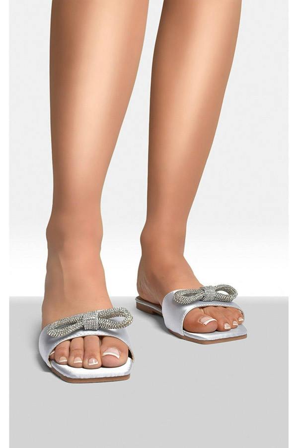 Lexie Embellished Bow Trim Open Toe Sandals - Silver