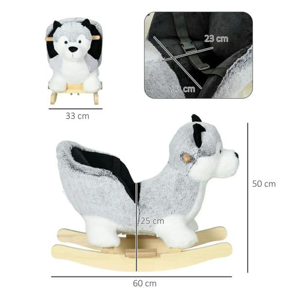 Plush husky rocking horse with wooden base and padded seatbelt-style strap
