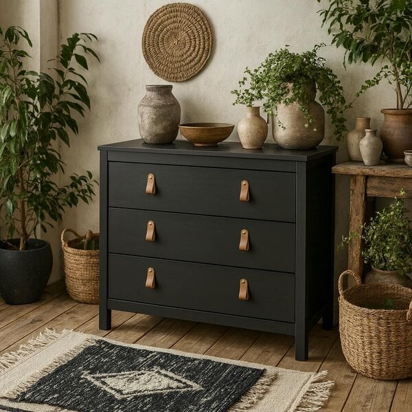 Wyld Haus Wildberry Matt Black Chest 3 Drawers Leather Handles