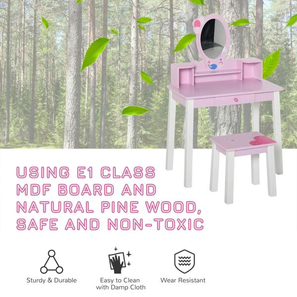 Kids pink wooden dressing table with oval mirror and matching stool, wide top and shelves