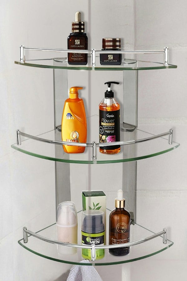 Living and Home 3 Tiers Tempered Glass Corner Shelf with Steel Bathroom Rail Wall Mounted