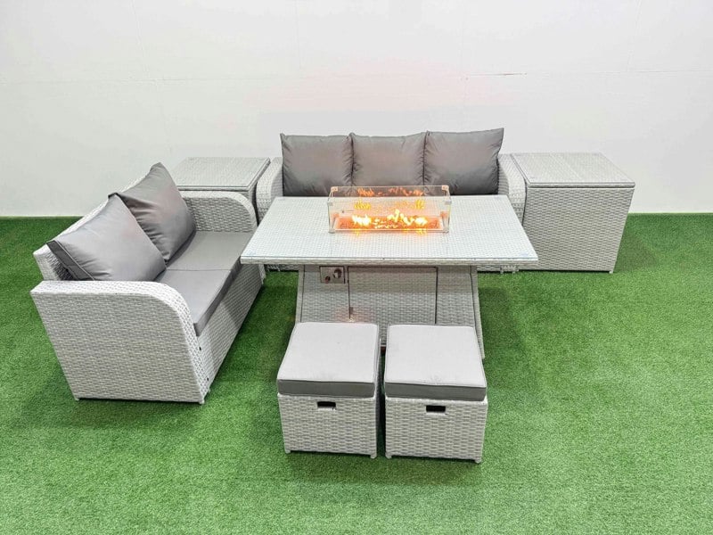 Fimous 7 Seater PE Rattan Wicker Garden Furniture Patio Conservatory Sofa Set with Fire Pit Dining Table 3 Seater Sofa Love Sofa 2 Stools 2 Side Table