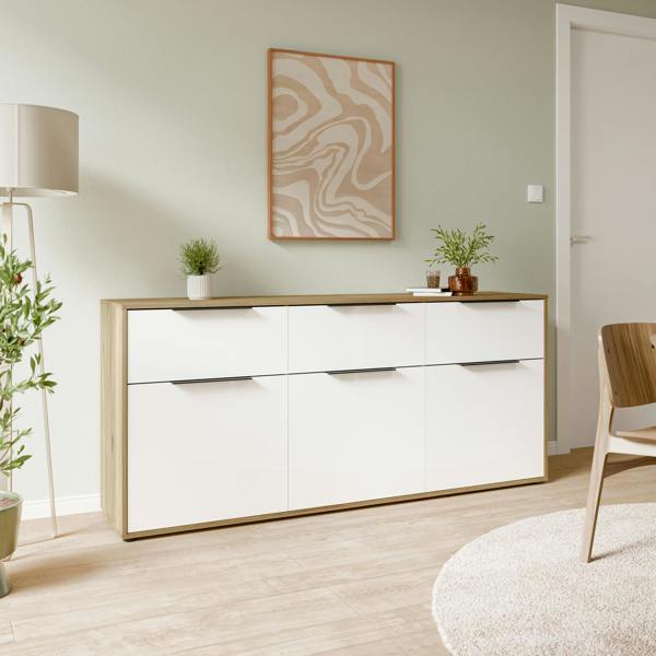 Furniture To Go Orkney 3 Drawer Sideboard with 3 Doors in Mauvella Oak and White Gloss