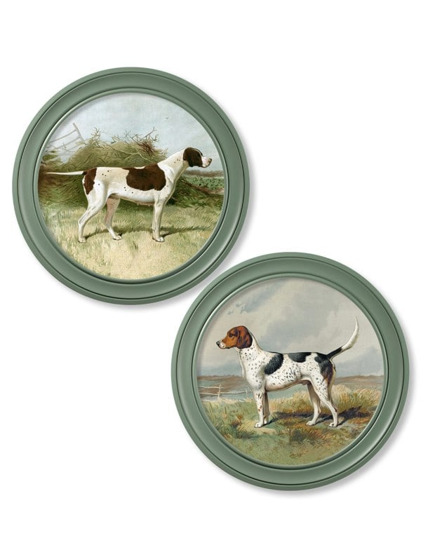 Exceptional Art c.1881 Gun Dogs - Round Frame Green