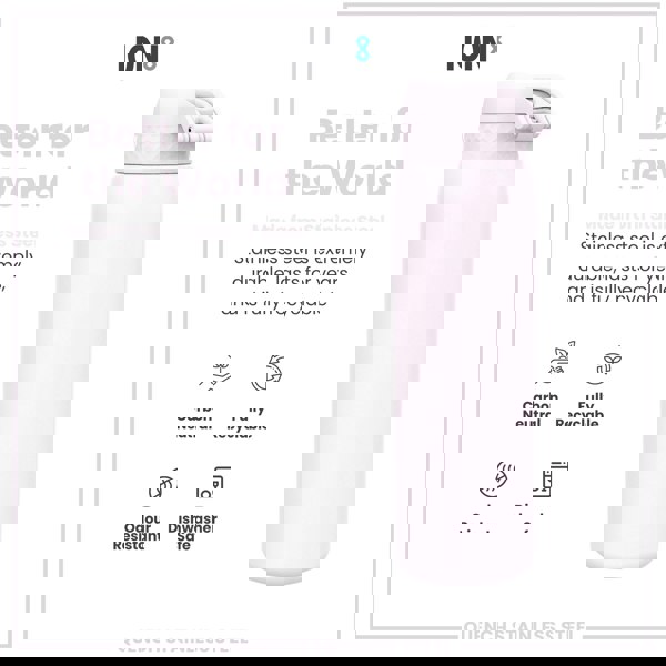 A light-purple stainless steel water bottle sits against a white background. It advertises durability, recyclability, and other features.