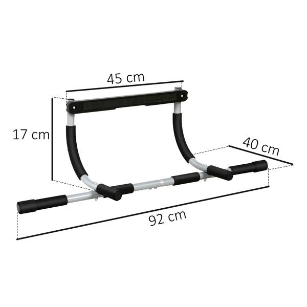 Doorway pull-up bar size diagram: 92 cm length, 45 cm width, black and silver