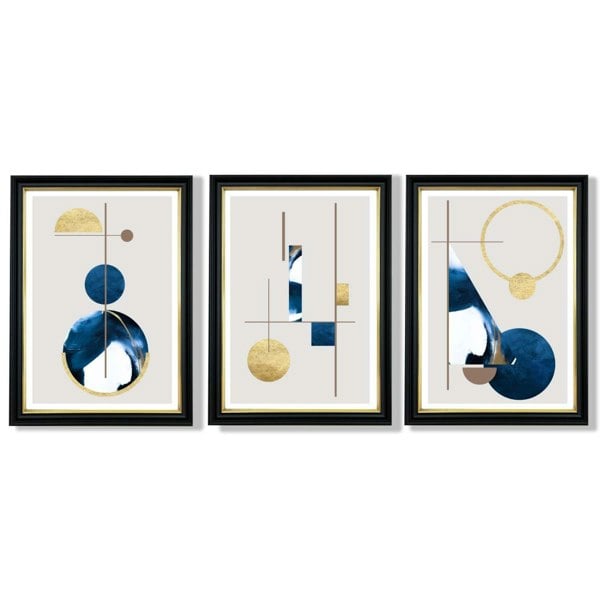 Artze Wall Art Abstract Set of 3 Textured Geometric Framed Prints in Navy Blue and Gold