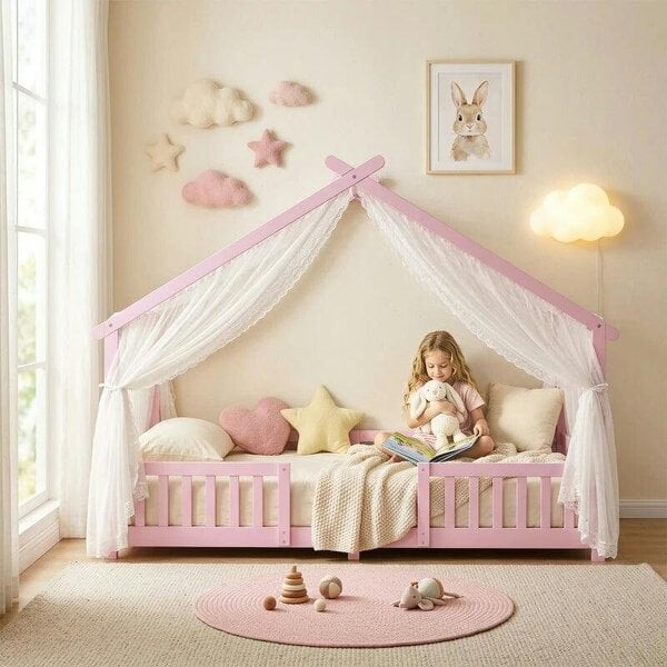 Wooden Kids House Single Bed Frame, Solid Pine Wood Toddler Bed with Dual Guardrails for Children, Boys, Girls, Pink