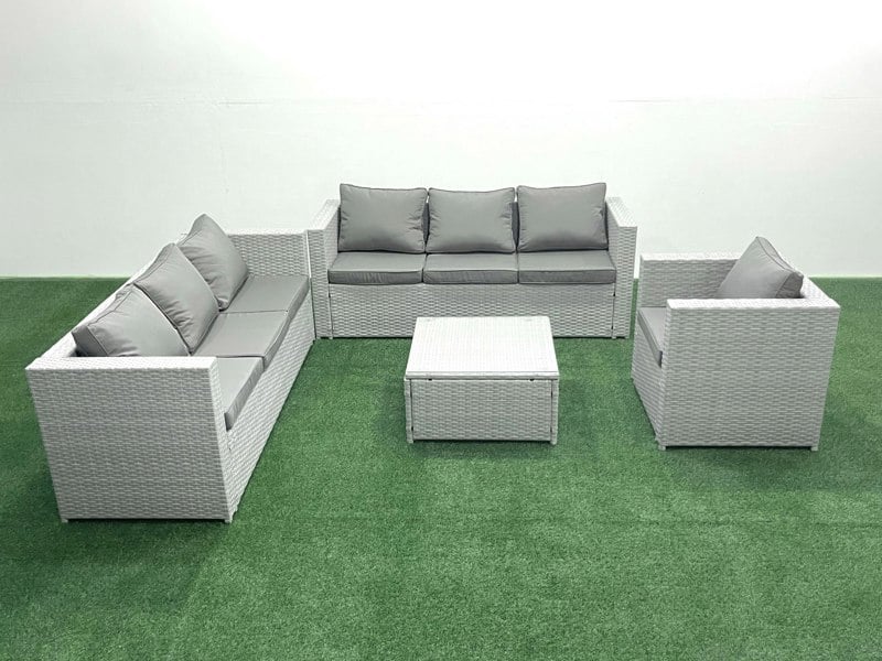 Fimous Wicker PE Rattan Sofa Garden Furniture Set with Armchair Square Coffee Table Light Grey Mixed