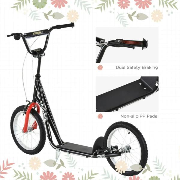 Black kids kick scooter with dual braking system and non-slip pedal, rubber tires
