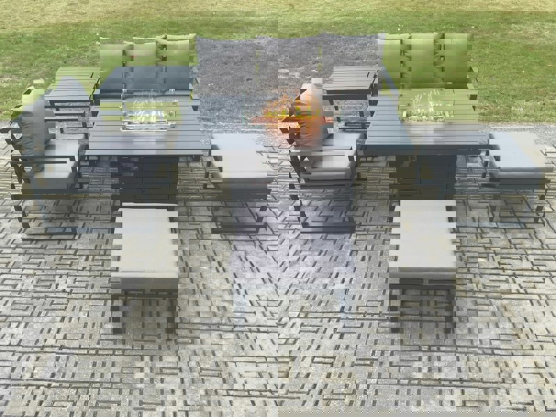 Fimous Aluminium 6 Pieces Garden Furniture Sofa Set with Cushions Gas Fire Pit Dining Table Set with 2 Big Footstools Side Table Dark Grey