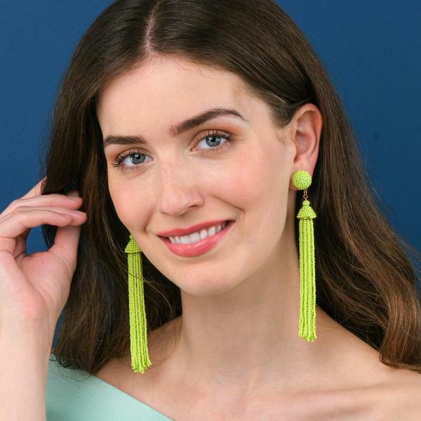 Zavana Long Bright Green Beaded Tassel Earrings for Women