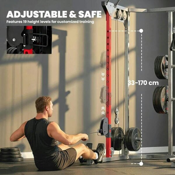 Power Cage, Power Rack with Adjustable Cable Pulley System, Pull-Up Bar, Dip Station, Landmine