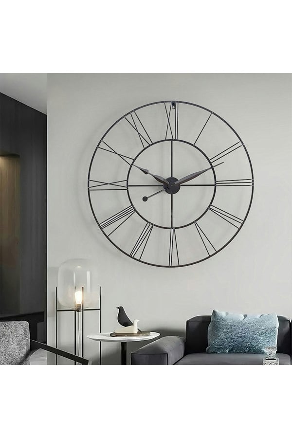Living and Home 80cm Large Silent Non-Ticking Metal Skeleton Roman Numeral Wall Clock Iron Art Decor for Living Room, Bedroom & Office