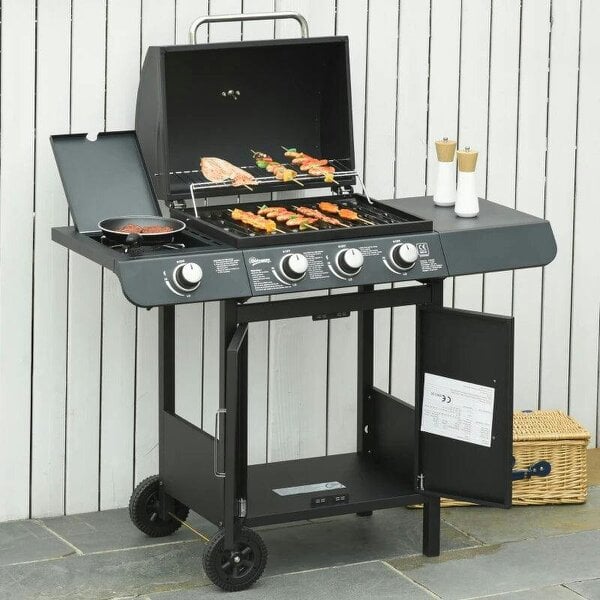 Bobobiy 3+1 Burner Gas BBQ Grill, Outdoor Barbecue Trolley with Wheels, Warming Rack, Side Shelves, Cabinet, Thermometer, 110W x 50D x 100Hcm, Black - Black