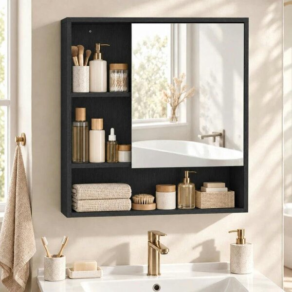 Bathroom Mirror Cabinet, Wall-Mounted Bathroom Cabinet with Mirror Door, Adjustable Shelves, Black