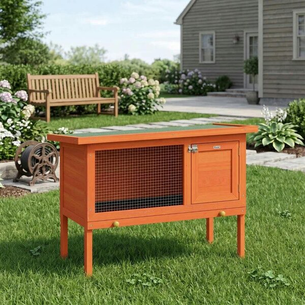 Wooden Rabbit Hutch, Guinea Pig Hutch with Asphalt Roof, Outdoor Elevated Bunny House for Rabbits, Chinchillas