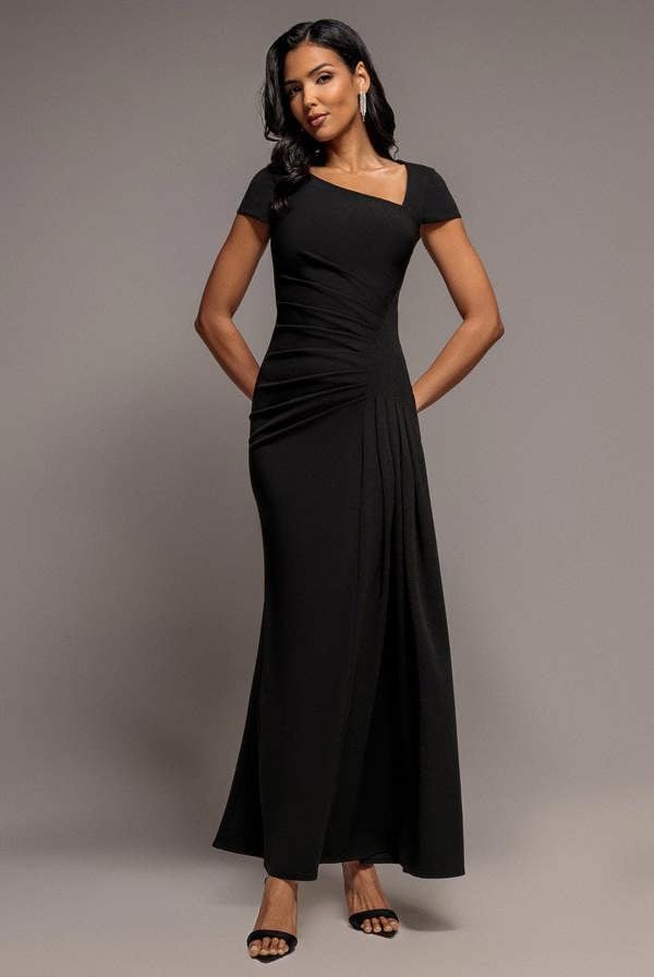 Cap Sleeve Pleated Asymmetric Maxi Dress - Black DR5115