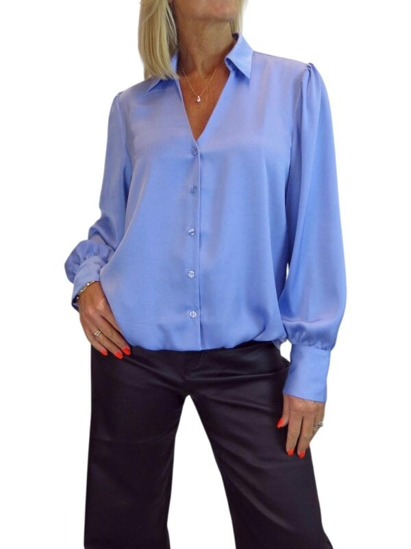 Paulo Due Women's Satin Blouse Ladies Long Sleeve Button Through Shirt - Blue