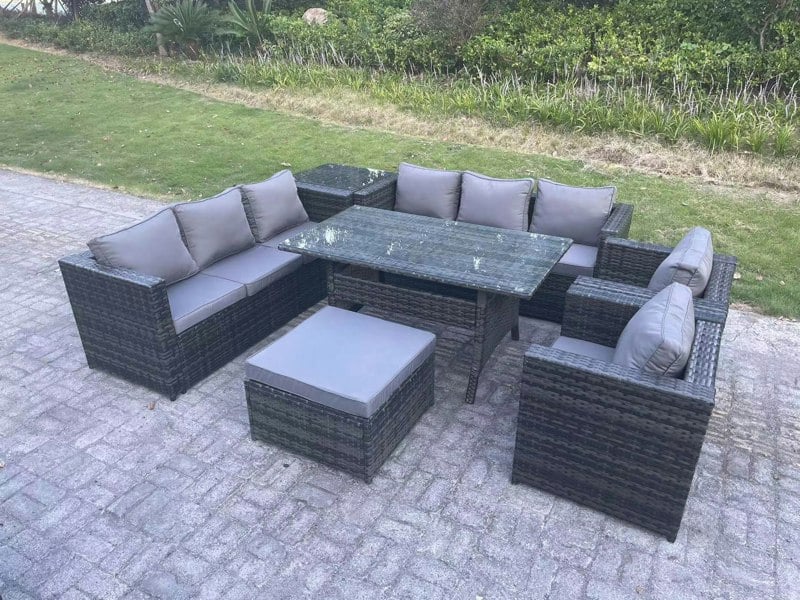 Fimous 9 Seater Dark Grey Mixed Rattan Outdoor Lounge Set - Rectangular Dining Table, 2 Armchairs & Footstool
