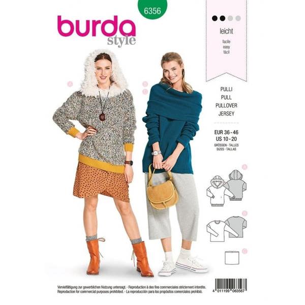 Burda Sewing Pattern 6356 Hoodies and Tops For Women, 10 to 20  - Easy