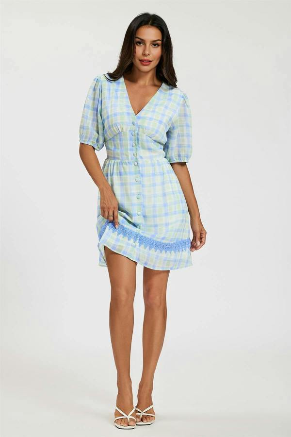FS Collection Gingham Lace Detail Mini Dress In Green