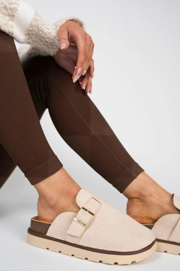 Serelina Chunky Sole Flat Slip-on Buckle Sliders - Camel