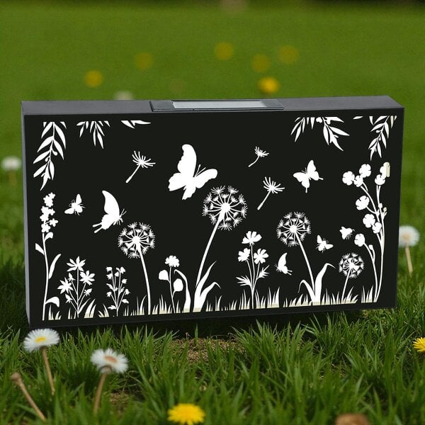EDH Door Hardware Landscape Solar Wall Panel with Butterfly Outdoor Metal Wall Art with Warm LED Light Weatherproof Garden & Patio Décor